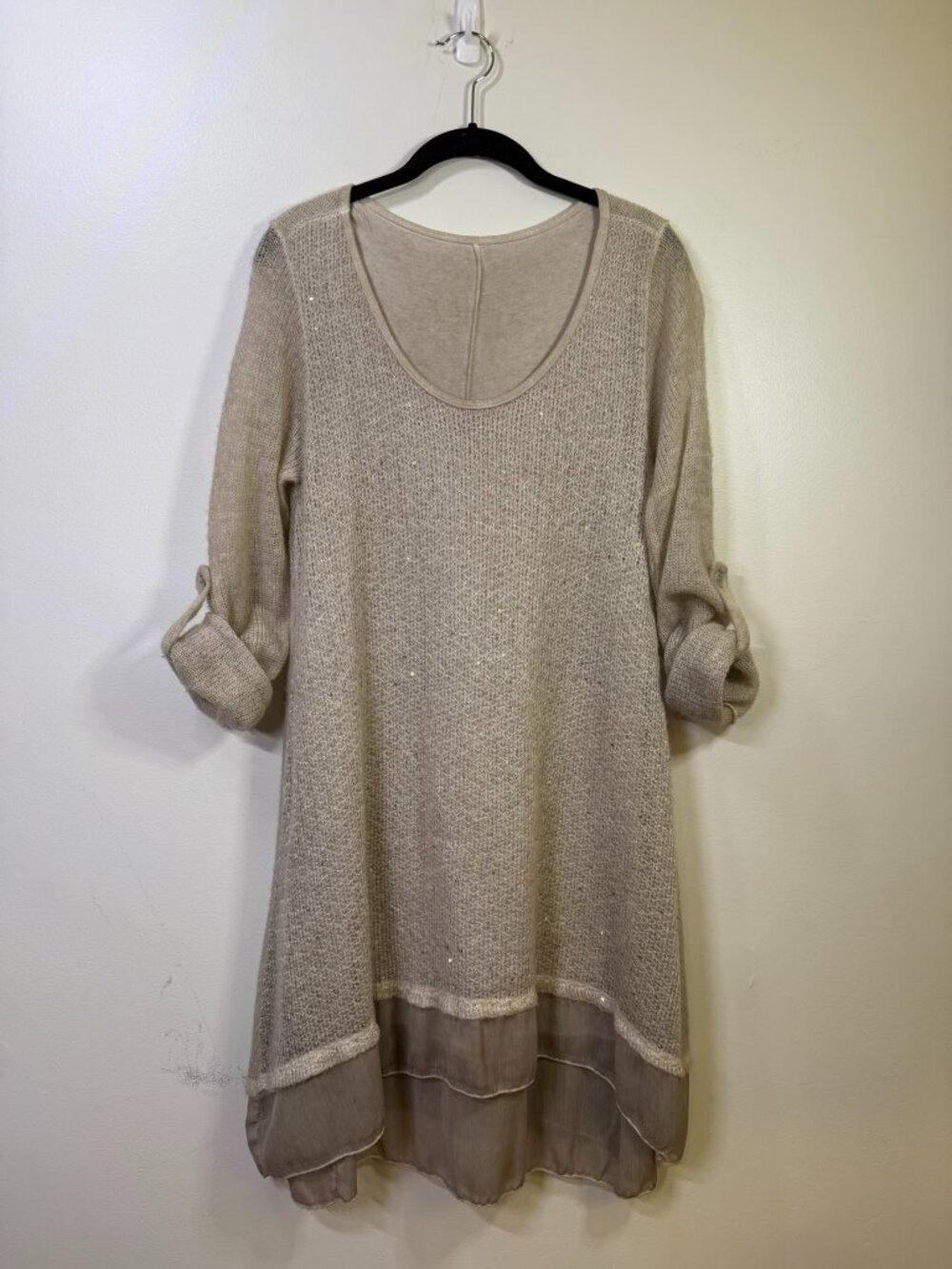 Taupe Sequin Knit Tunic Top Sheer Hem